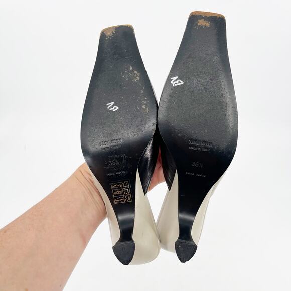 Miu Miu Vintage Retro Gray Black Tan Flower Detail Square Toe Mule Heel IT 36.5 - Picture 11 of 12